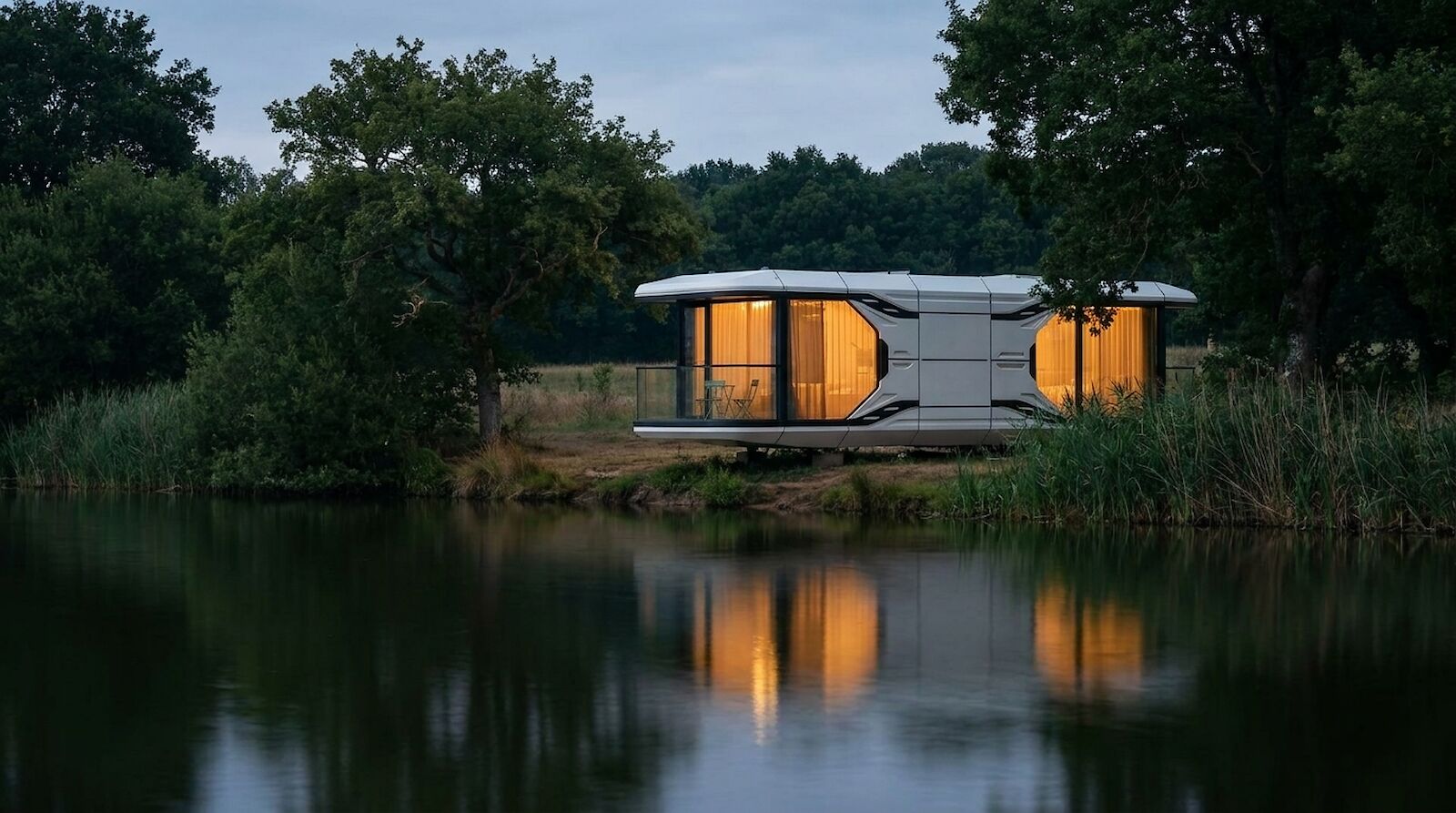 La suite au bord de l’eau au crépuscule, fenêtres ambrées et reflet sur l’étang.