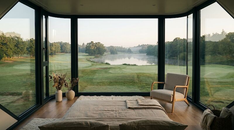 Intérieur de la suite : le lit fait face à une baie panoramique ouverte sur l’étang.